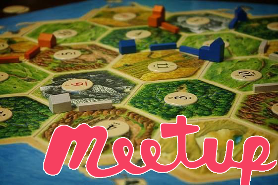 Picture of Settlers of Catan game and Meetup logo
