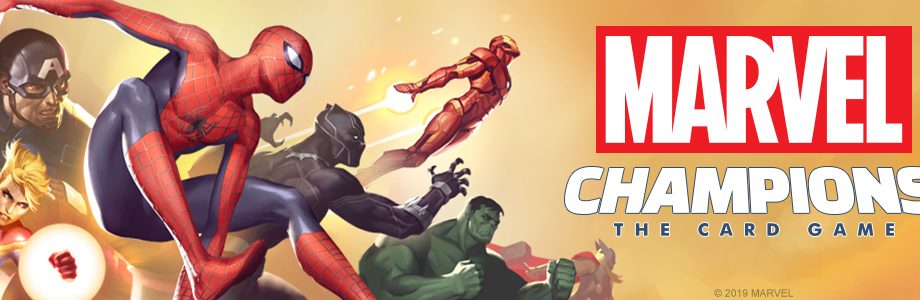 A group of Marvel Super Heroes and the Marvel Champions Card Game Logo