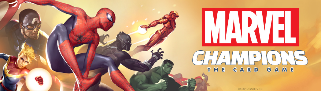 A group of Marvel Super Heroes and the Marvel Champions Card Game Logo