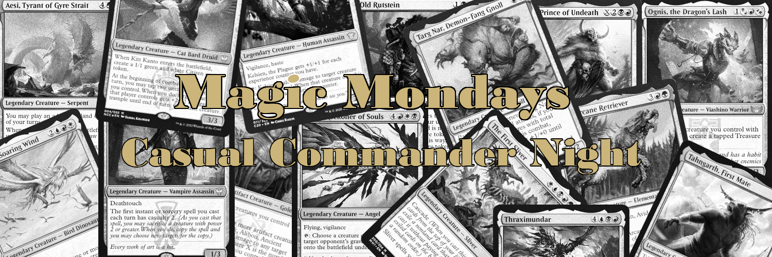 assorted Magic The Gathering cards in background with a title of Magic Monday: Casual Commander