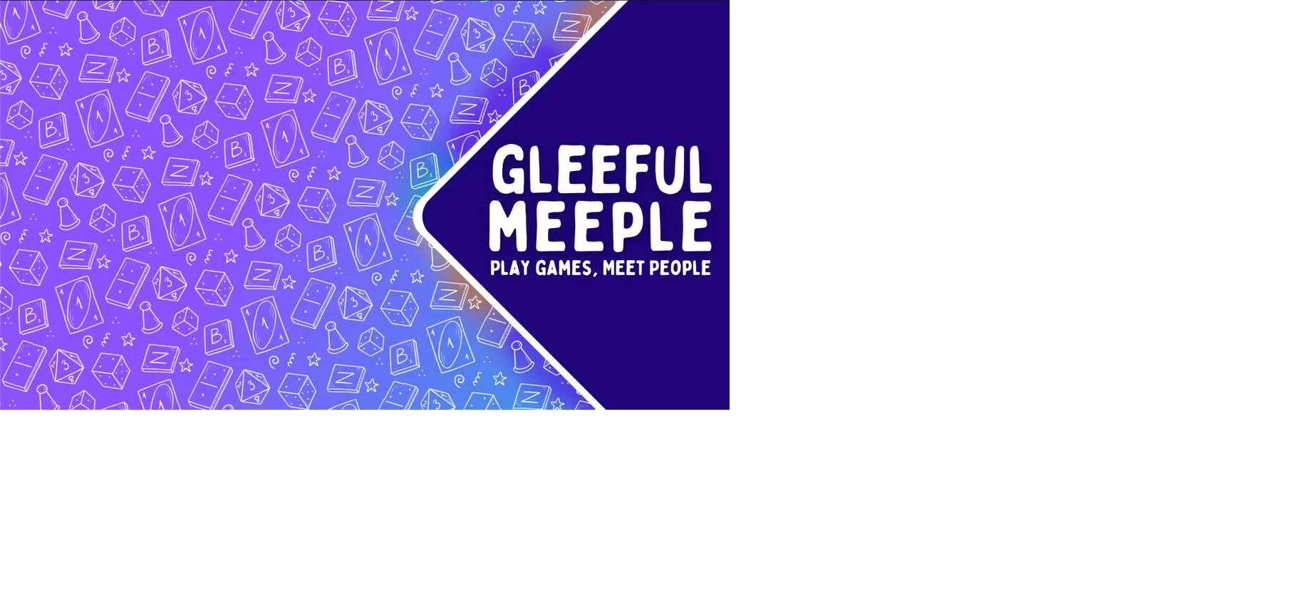 image is game board pieces on a purple background with the words Gleeful Meeple on it as a reference to group.