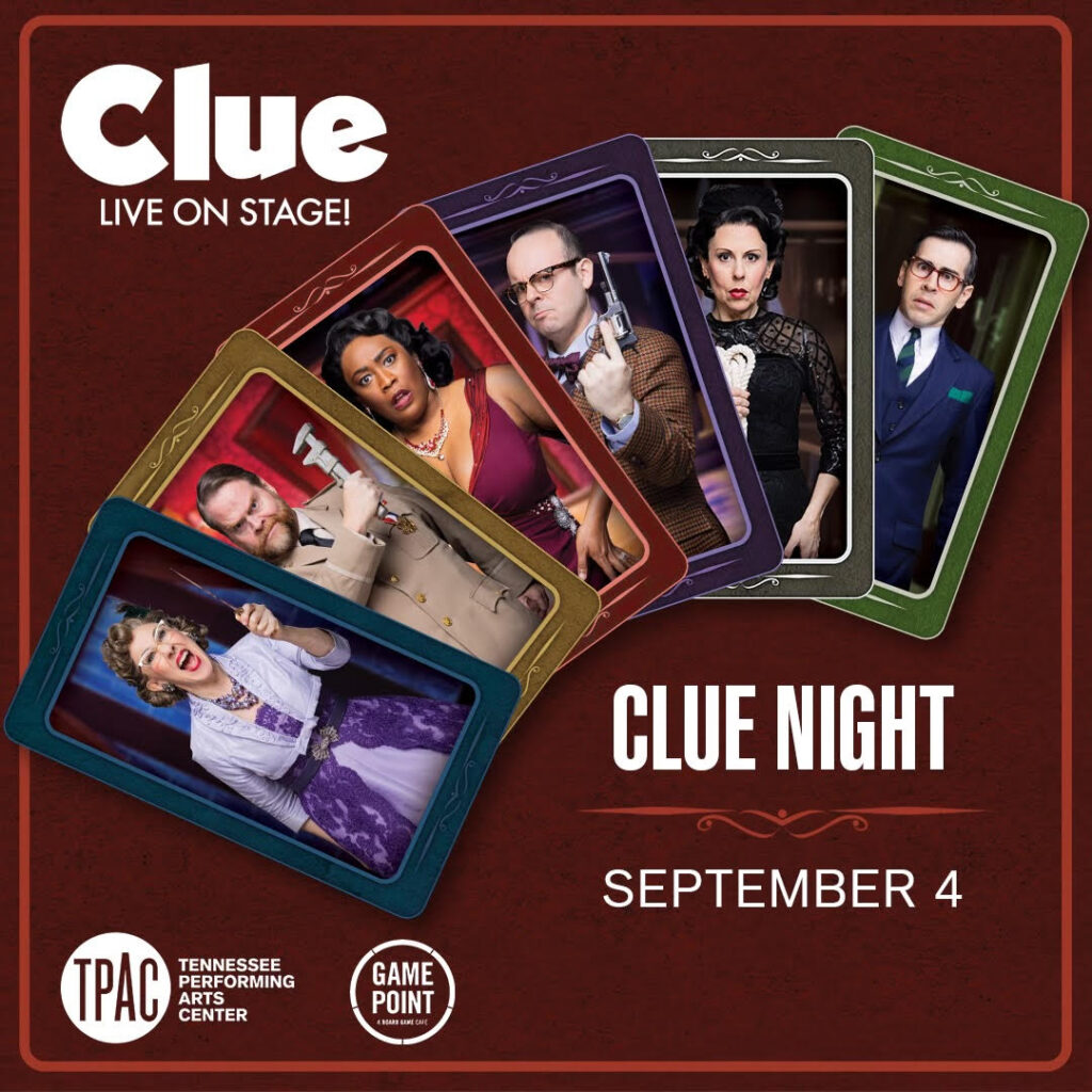 This image shows the Clue game logo with cards that feature the actors from the stage show