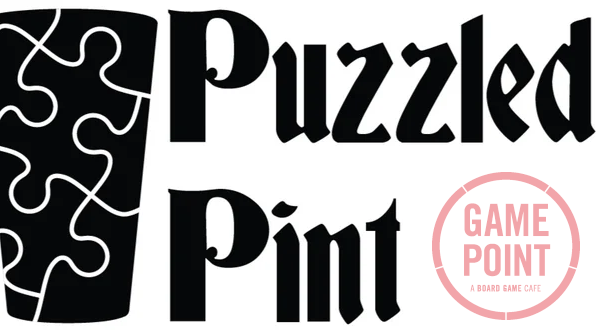 The words Puzzled Pint with a pint glass overlayed with puzzle piece shapes. Game Point logo in lower right corner.