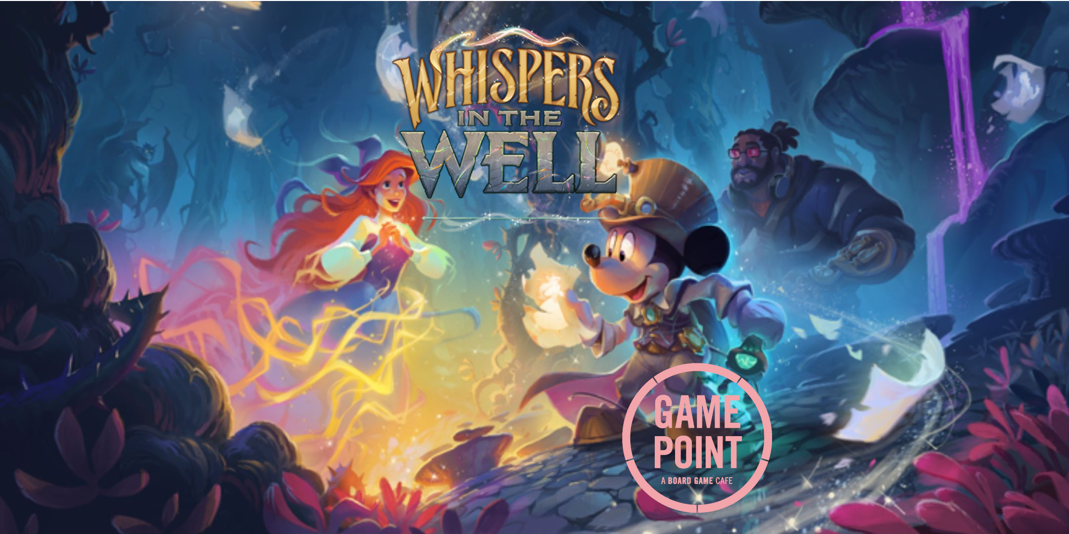 Picture of Airel and Mickey Mouse with Whispers in the Well title and Game Point cafe logo
